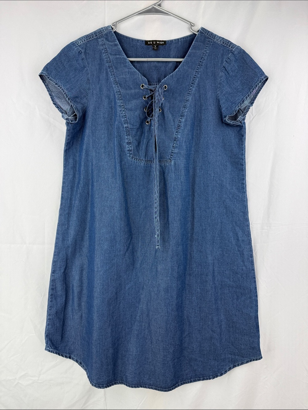 AS U WISH Women’s Size Small Lace-Up Denim Short Sleeve Blue Shift Dress